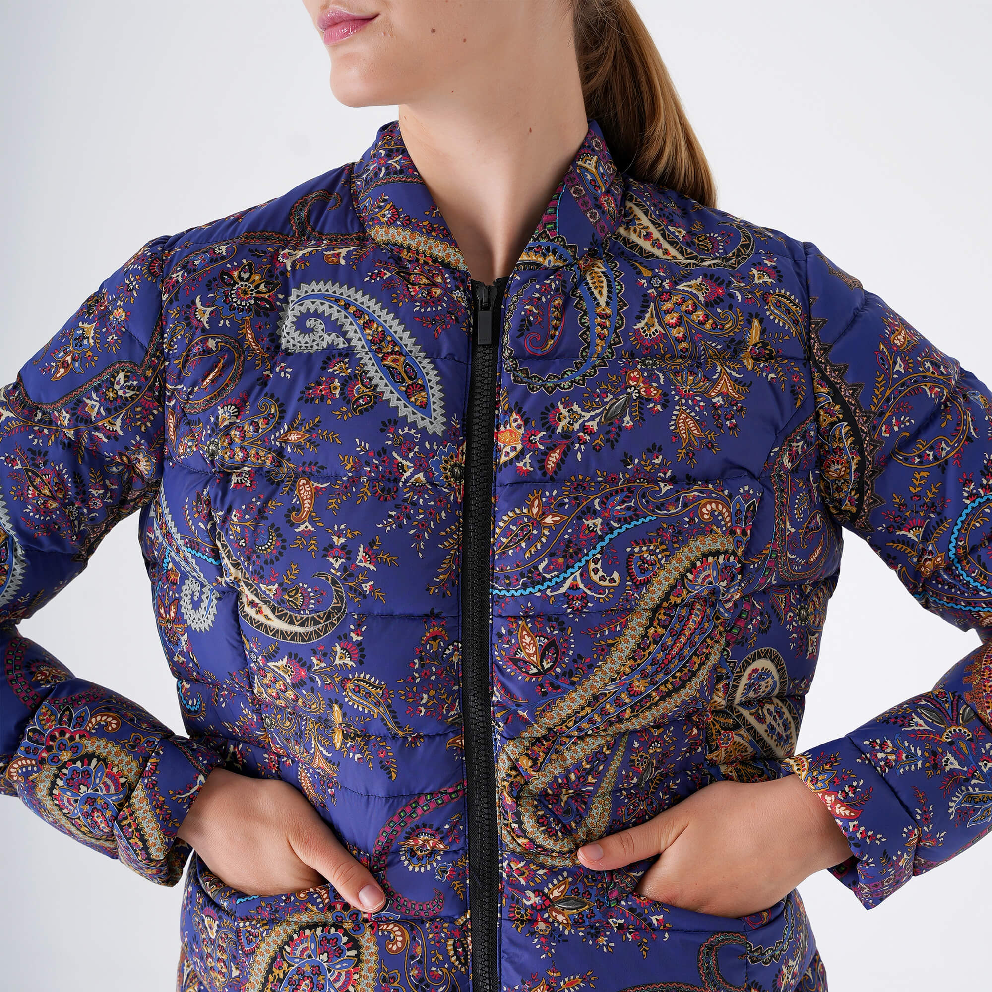 Etro - Navy Blue Ethnic Print Zippy Puffer Coat